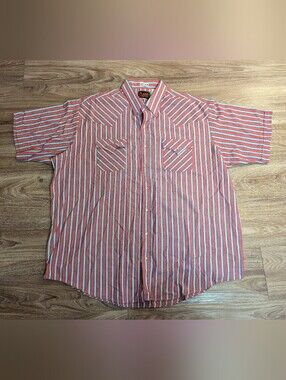 Vintage Plains Short-Sleeve Striped Big ManWestern Pearl Snap Shirt XXL